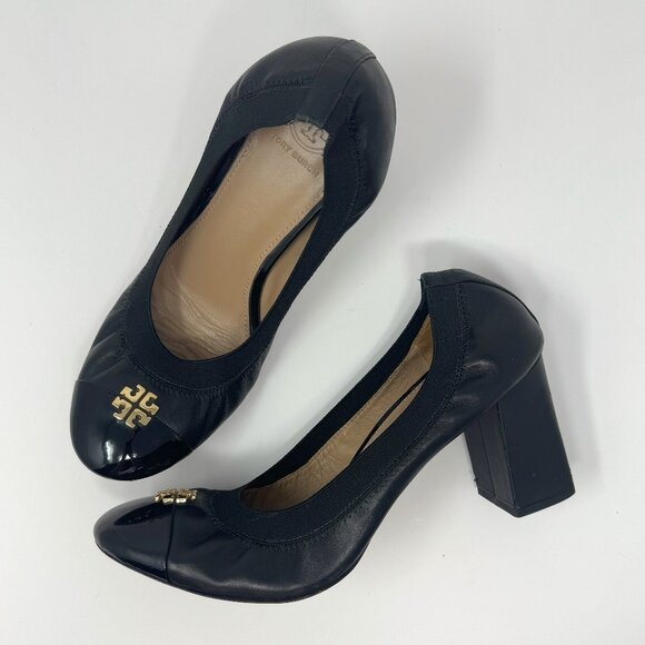 Tory Burch Elsa Black Leather Cap Toe Heels US 9 - Picture 1 of 14